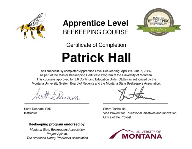 University of Montana Apprentice Level Beekeeping certificate awarded to Patrick Hall